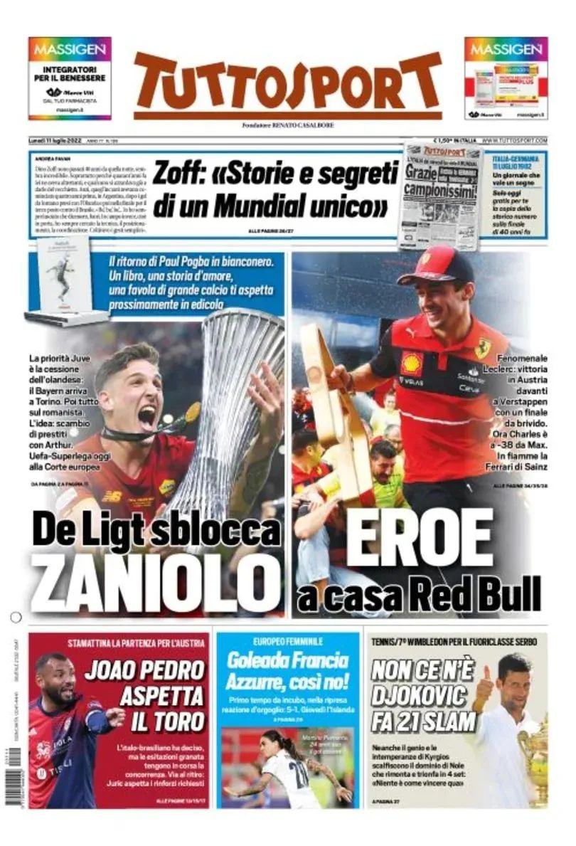 意大利三大体育报：拜仁前往都灵求购德利赫特，尤文有钱买扎鸟了