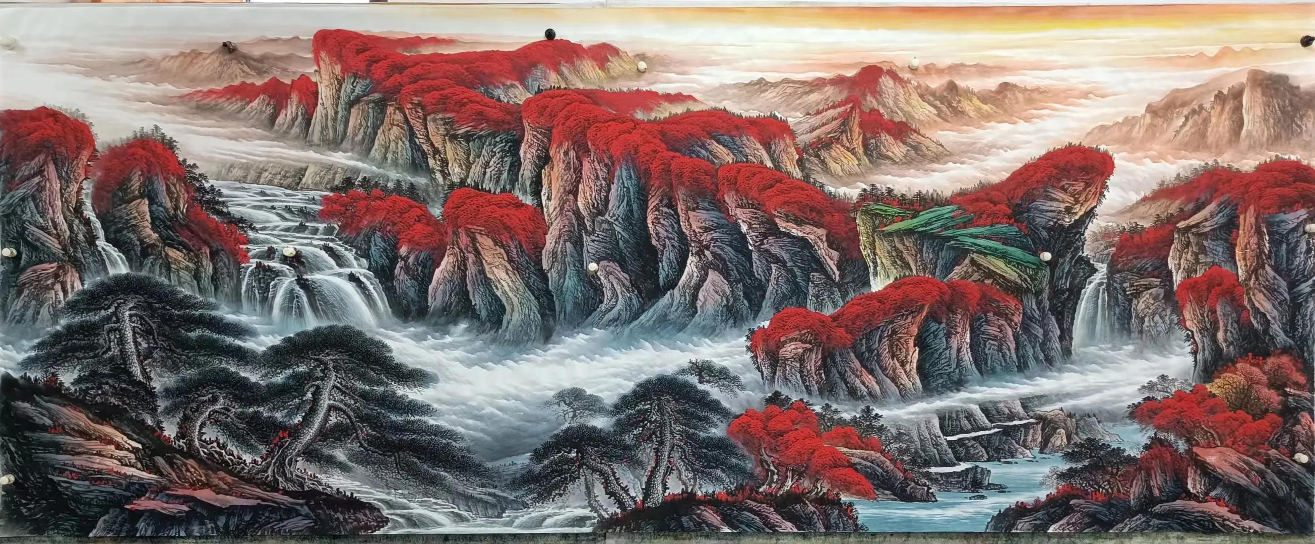 办公室山水画背景墙挂画流水生财,鸿运当头山水画背景墙办公室