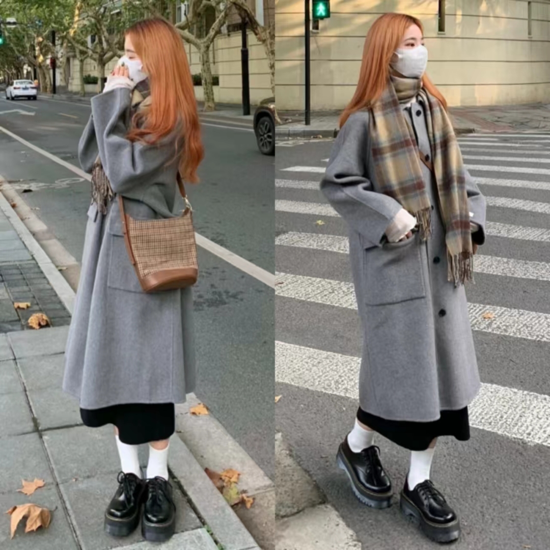 灰色大衣和黑色大衣哪个配jk好看,灰色双面羊绒牛角扣大衣小个子150