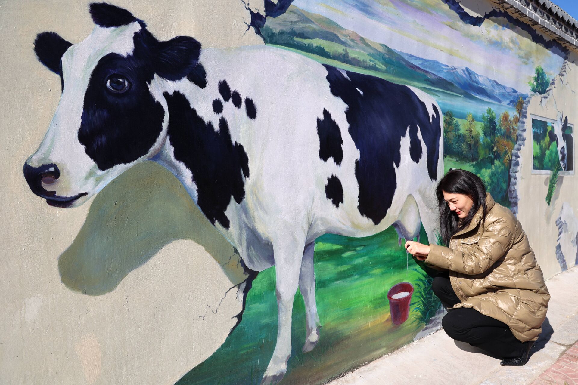 手绘3d风景,水彩风景画乡村田园古镇